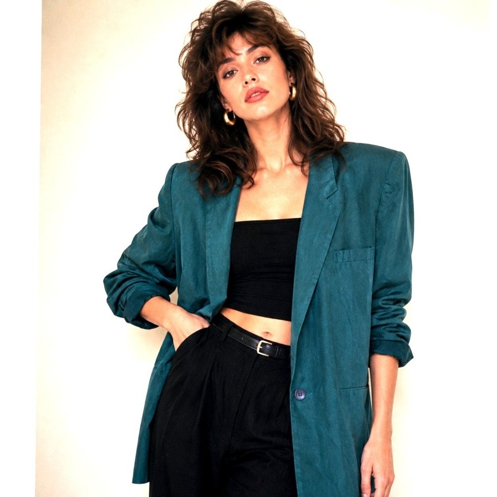 Vintage 100% Silk Blazer Jacket Teal Green Women Medium Single Button RN 64664